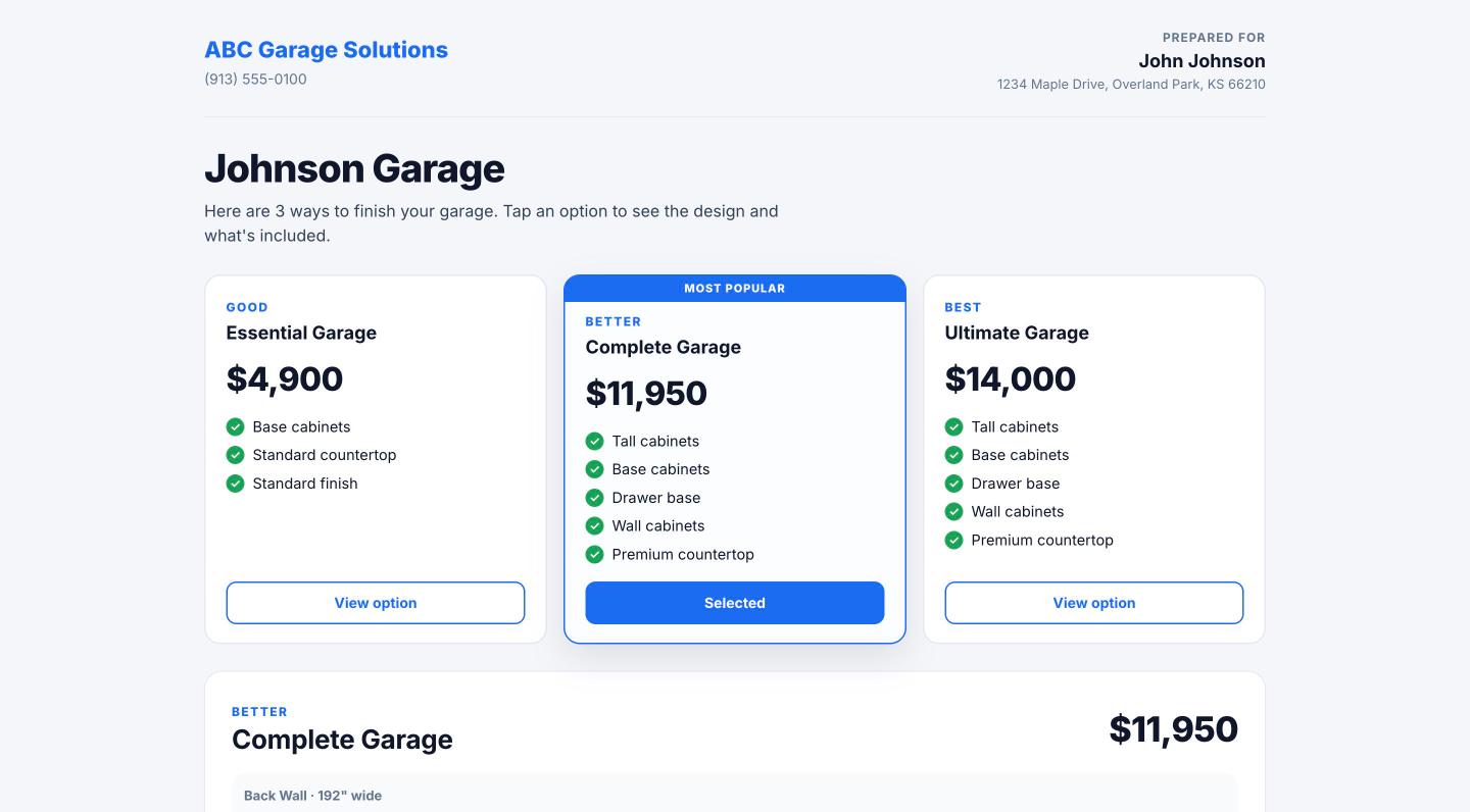 The customer-facing proposal with three garage options