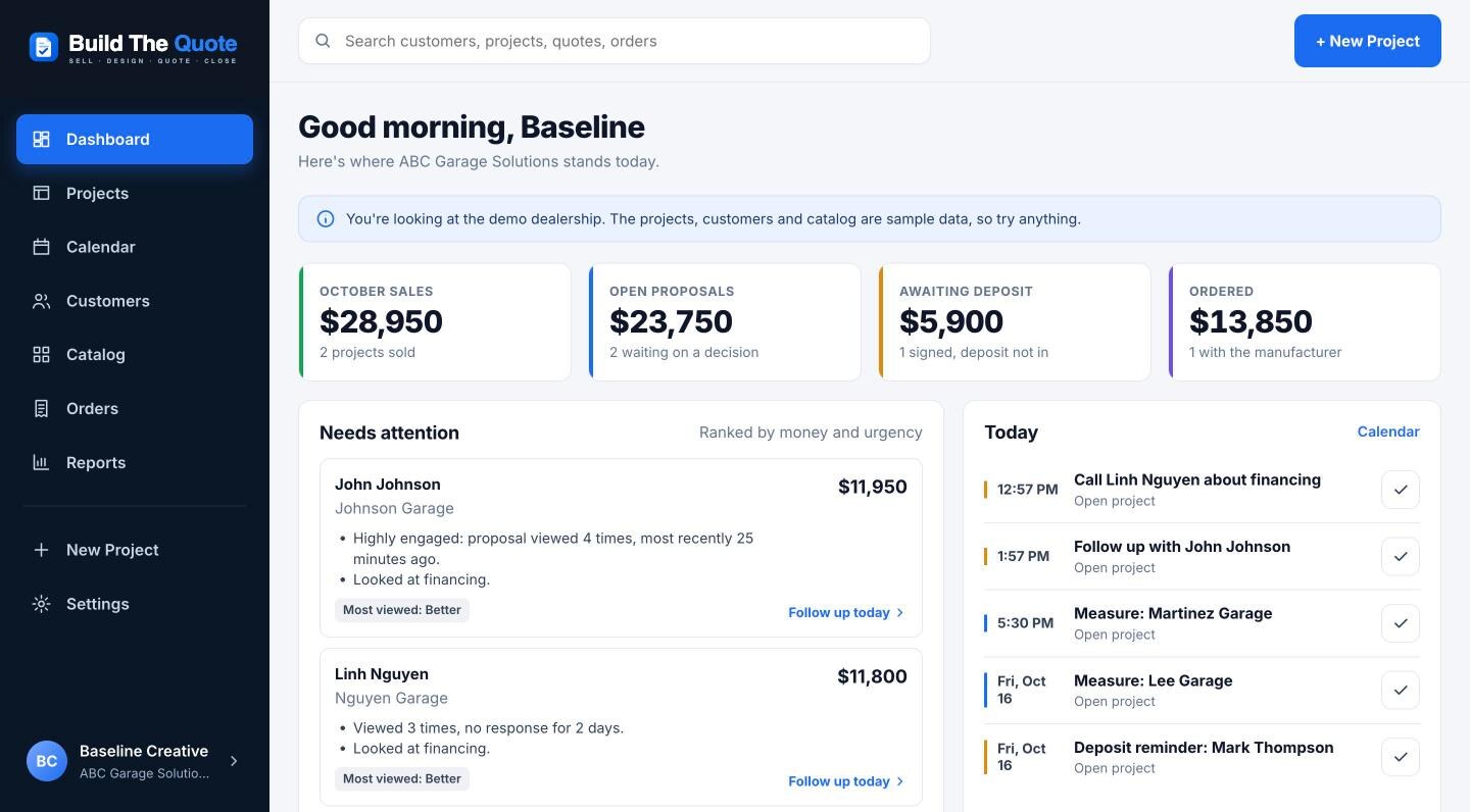 The dealer dashboard with sales, open proposals, deposits and today's appointments